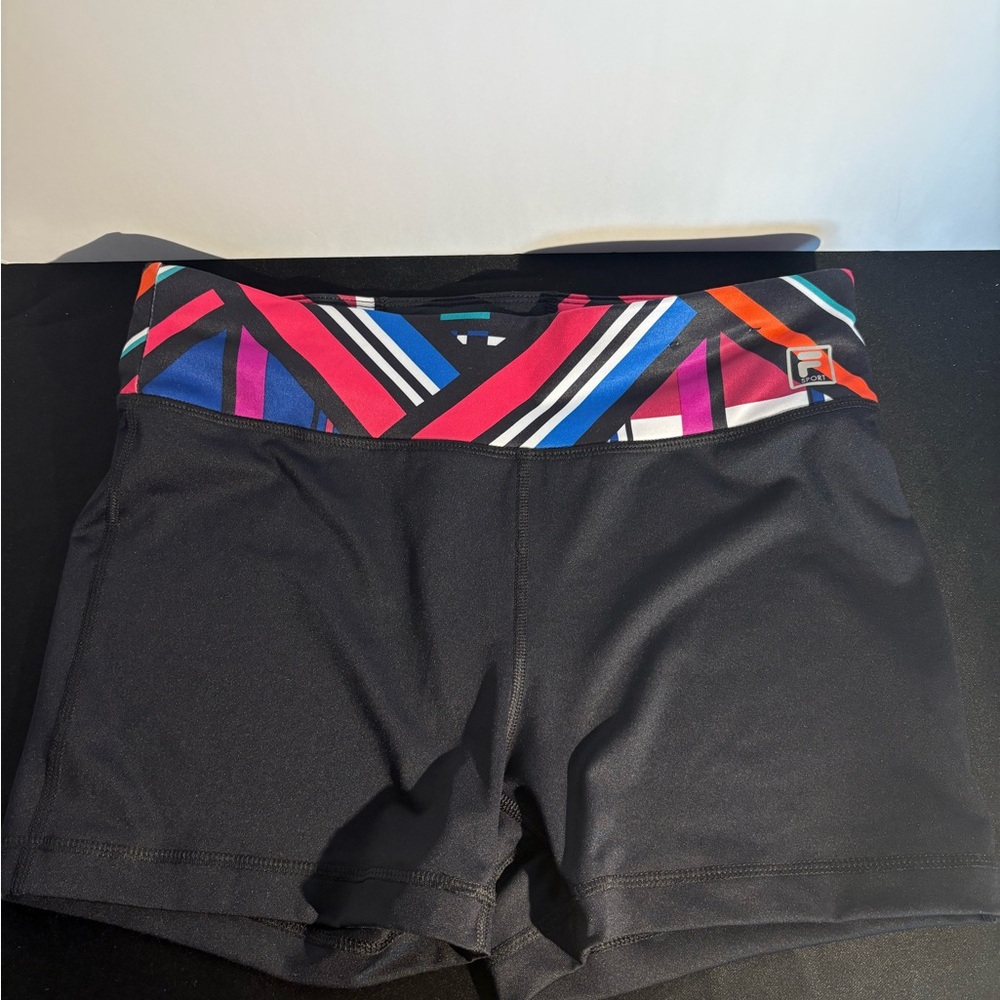 Fila Black Bike Shorts with Multicolor Geometric Waistband